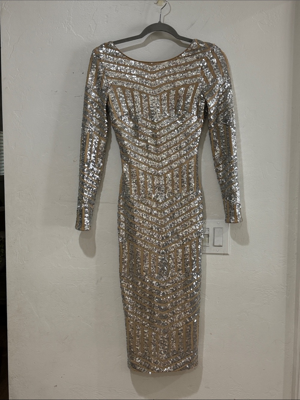 Sequin Bodycon Midi Dress in Silver and Nude